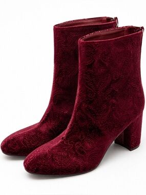 Burgundy Embossed Velvet Ankle Boots – Size 9.5 – Block Heel